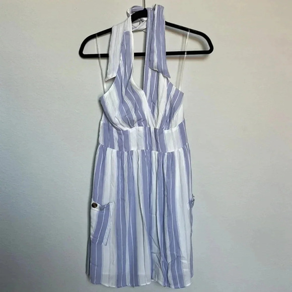 American Eagle Blue Striped Halter Dress - Picture 2 of 5